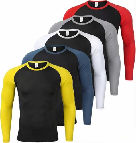 5 Pack Men's Sports Shirt Running Training Compression Shirt Fitness Bottom Long Sleeve Quick Dry Breathable Top (US, Alpha, 3X-Large, Regular, Regular, Blue + White + Red + Yellow + Grey)