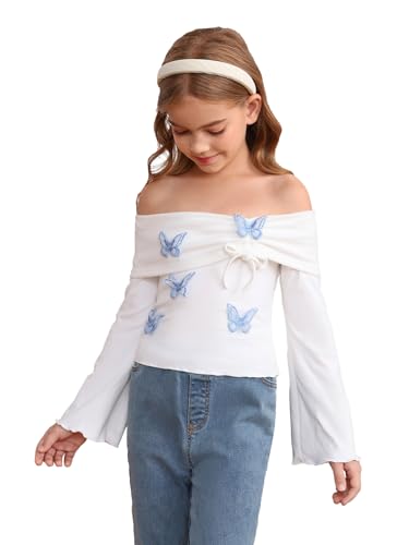 Image of Verdusa Girl's Y2K 3D Butterfly Off The Shoulder Tops Bow Tie Flare Sleeve Ruched T Shirt