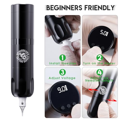 Dragonhawk X3 Wireless Tattoo Gun Kit Rotary Machine with Powerful Motor 10Pcs Cartridge Needles Complete Supplies for Beginners Lining Shading