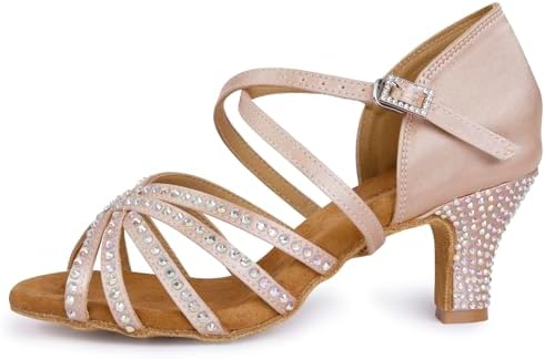 KleeKlcc Rhinestone Ballroom Dance Shoes Women Latin Salsa Dancing Shoes Practice Dance Heels ZB07, Nude-2.5 Inch Heel, 7