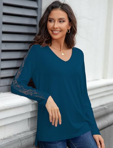 Long Sleeve Business Dressy Casual Blouses Shirts Tops for Women Lace V Neck Side Split Loose Fit Soft Comfy 2025 Fall3