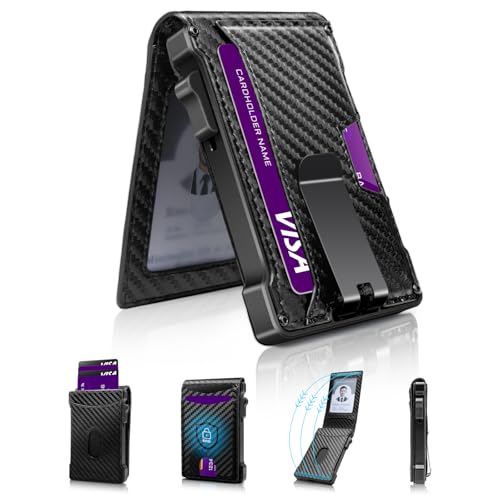 MNGARISTA Wallet for Men,Slim Mens Wallet for 11-13 Cards,RFID Blocking Bifold Minimalist Smart Wallet with ID Window & Money Clip,Magnetic Flip Metal Wallet,Gifts for Men-Carbon Fiber