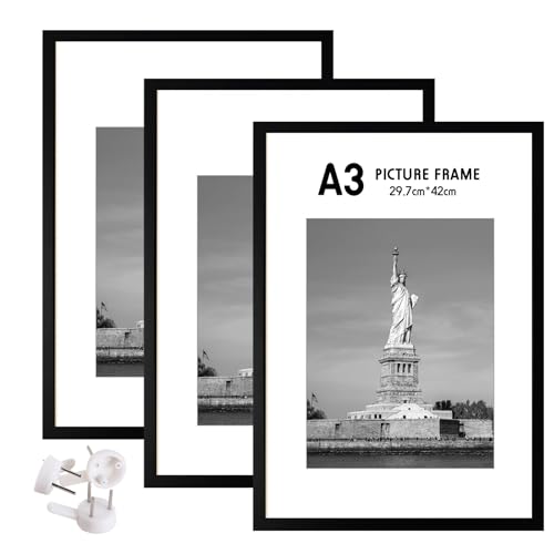 3 Pezzi A3 Nero Cornice Fotografica, Legno, Plexiglas, Poster Versatile Cornice Fotografica per Camera e Soggiorno, 29,7 x 42 cm