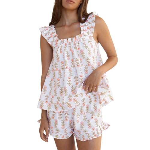 Image of ROAONOCOMO Women Floral Pajama Set Ruffle Babydoll Cami Top Coquette Pj Set Gingham 2 Piece Shorts Outfit Bridal Loungewear