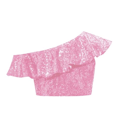 Girls One Shoulder Sequins Vest Sparkly Glitter Tank Crop Top Kids Performance Dance Cami2