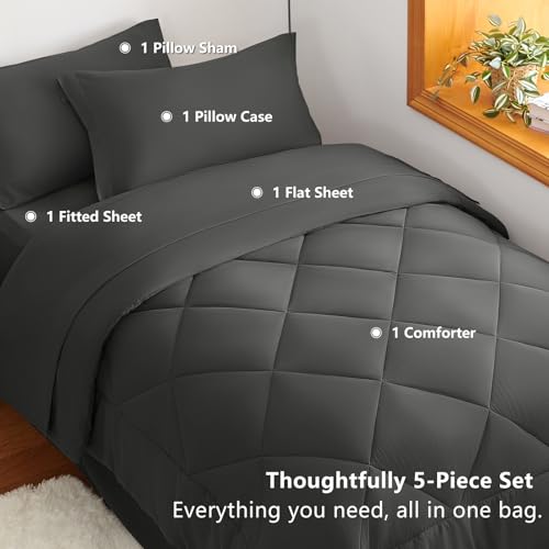 Image of CozyLux Twin Comforter Set with Sheets Dark Grey - 5 Pieces Bed in a Bag Twin, All Season Bed Set for Girls and Boys, Bedding Set with Down Alternative Comforter, Sheets, Pillowcase & Sham