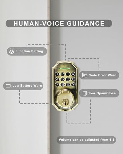 ZSZ Keyless Entry Door Lock, Keypad Deadbolt,Smart Lock for Front Door with 2 Keys, Function Setting with Voice Guide, 10-99 Seconds Auto-Lock, Install in 90 Seconds - Thumbnail 3