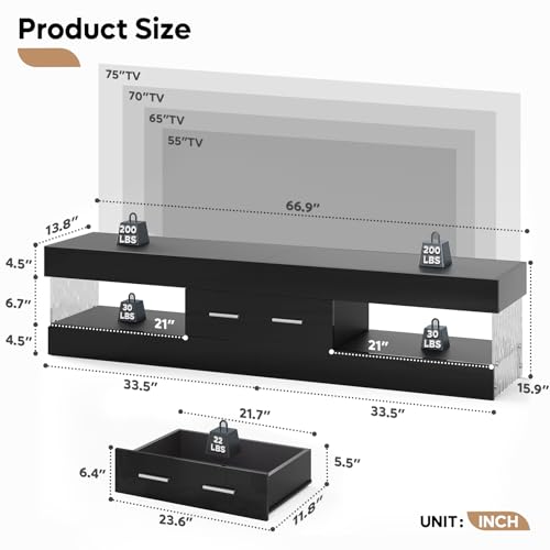 Image of Bestier 67 inch Modern TV Stand for 75 Inch TV, LED Entertainment Center, Black | Fits up to 75 in TV, High Gloss with Stone Pattern Doors, Storage Drawer & Shelves, 7-Color LED Lights for Living Room