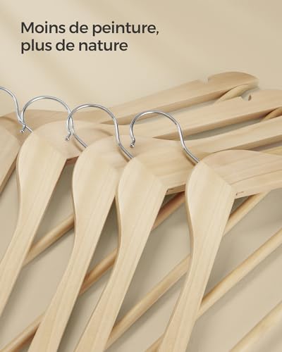 SONGMICS Cintre Bois, Lot de 24, avec Encoches Antiglisse, Barre Antidérapante pour Pantalons, Crochet Pivotant à 360°, pour Costumes, Chemises, Manteaux, Beige Naturel CRW010N24 – vue 7
