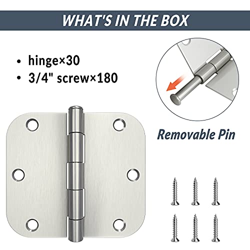 Hosom 30 Pack Brushed Nickel Door Hinges 3.5 Inch With 5/8 Radius, Fit Standard Door #TOP2
