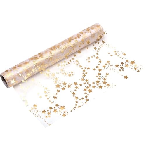 100%Mosel Runner da Tavola in Organza, Stelle Oro/Metallizzato (28 cm x 5 m), Runner Trasparente, elegante Decorazione da Tavola per Natale & Avvento, Decorazione festiva per occasioni Speciali