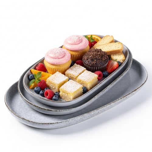 AmorArc Ceramic Serving Platters, Reactive handcrafted Oval Plates for Entertaining, Stoneware Kitchen Dishes for Dinner, Fruit, Salad, Turkey,Party. Microwave & Dishwasher Safe, Set of 3