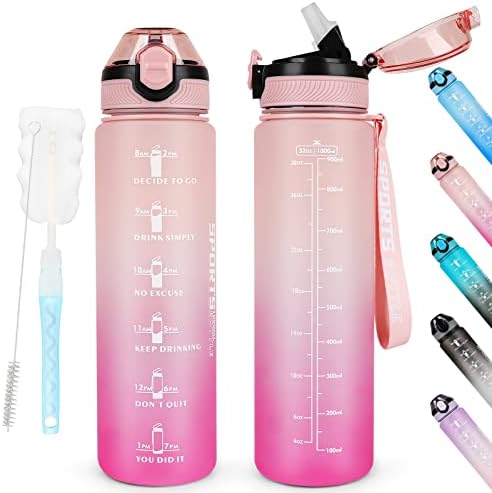 AOHAN Water Bottles 1L BPA Free Sport Drinking Bottle with Straw, Dishwasher Safe Lock Cover Leakproof Motivational Water Bottle with Time Markings, Non-Toxic Canteen Bottle (Pink Blue) (SH0008)