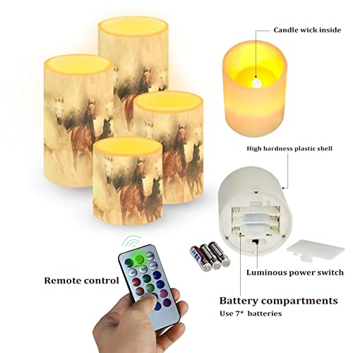 Image of Vintage Running Horse Outdoor Waterproof LED Candles Battery Operated Set of 4 with Timer Remote Colour Changing Pillar Candles for Fall Halloween Decor