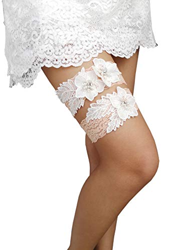 YuRong Flower Floral Design Garter Wedding Garter Bridal Garter Stretch Rhinestone Garter Set G30 (Blush)