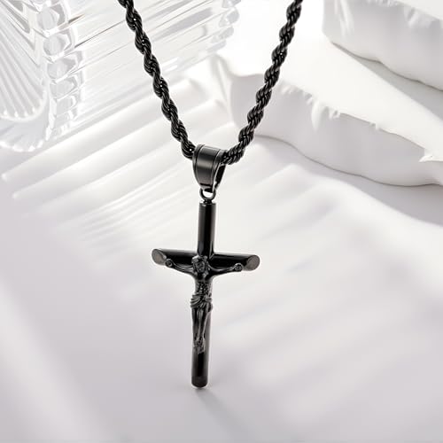 ALEXCRAFT Black Stainless Steel Cross Necklace for Men Cross Necklaces for Women Trendy Stainless Steel Crucifix Pendant with 3mm 21inch Rope Chain4