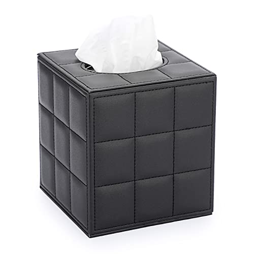 Image of Sumnacon Square Leather Tissue Box Cover - Stylish Cube Tissue Box Holder with Magnetic Bottom, Decorative PU Tissue Box for Vanity Dresser Night Stand Table Countertop Home Office Car, Grid Black