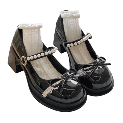 ZQW Cute Women's Pearl Bow Block Heel Mary Jane Shoes Comfy Round Closed Toe Buckle Pumps Cosplay Heels Dressy Casual Office
