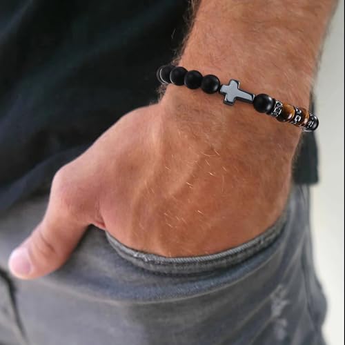 QWNHONEY Cross Bracelet for Men Son Brother Baptism Communion Birthday Anniversary Christmas Christian Black Tiger Eyes Bead2