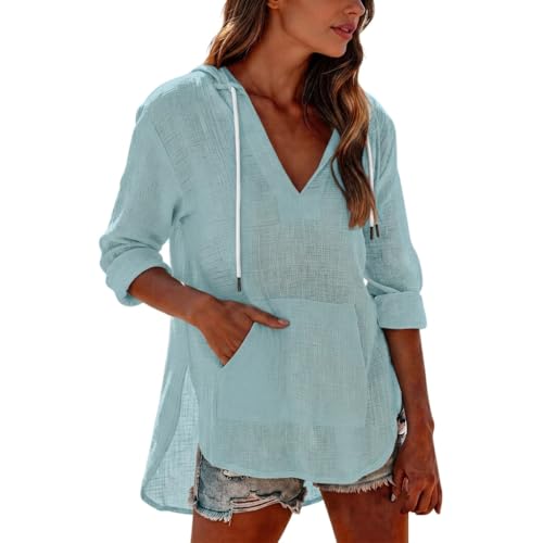 Gauze Shirts for Women Sky Blue XL - 2026 Summer Swimsuit Coverup for Women Long Sleeve Hooded Gauze Shirts Vacation V Neck Cotton Linen Tops Blouses Tunics with Pocket
