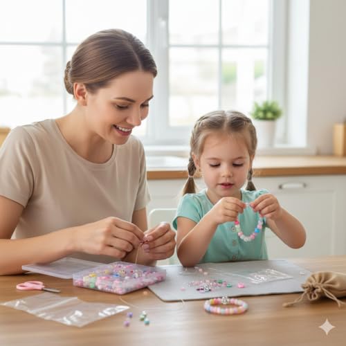 Image of Ambitieux DIY Bracelet Making Kit for Girls - 12 Types 340+ pcs Colorful Beads with 8 pcs Charms, Elastic Thread, Earrings, Clasps & Rings - Jewellery Craft Kit for Kids, Birthday Return Gift, Rakhi Special Set for 2 3 4 5 6 7 8 9 10 years (Pink shade kit)