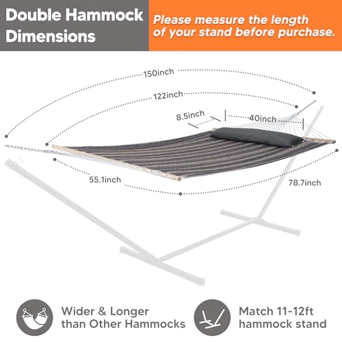 Image of SUNCREAT Double Quilted Hammock with Hardwood Spreader Bar, Extra Large Soft Pillow, Heavy Duty 2 Person Hammock for Indoor, Outdoor, Gray Stripes