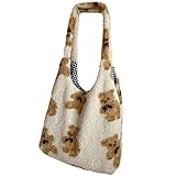 Women Girls Teenagers Faux Fur Teddy Bear Fluffy Plush Handbag Shoulder Bag (Beige, One Size)