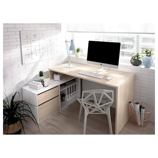 Dmora Scrivania Gardena, Scrittoio Multiposizione da Ufficio o cameretta, Tavolo da Studio angolare Multiuso, 139x92h75 cm, Bianco Lucido e Rovere