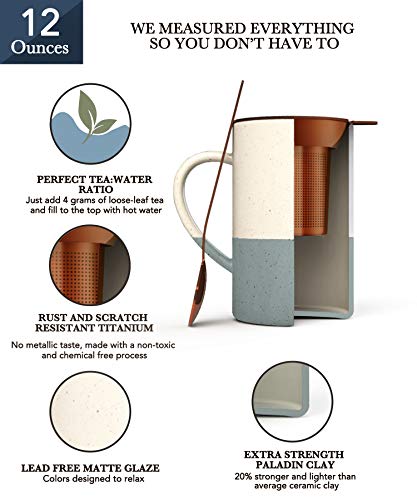 Mora Ceramics Tea Mug with Loose Leaf Infuser, Spoon and Lid, 12 oz, Microwave and Dishwasher Safe Coffee Cup - Rustic Matte Ceramic Glaze, Modern Herbal Tea Strainer - Great Gift for Women, Flint