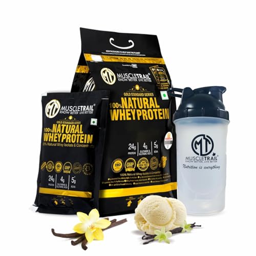 Image of MuscleTrail Gold Standard Series, 60 Pouches, Low Carb & Fat, 24G Natural Whey Protein Powder, Shaker Inside (1.86Kg, Vanilla)