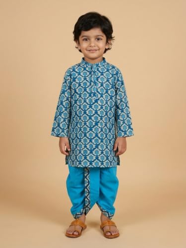 Image of The Mom Store Baby /Kids Boys Dhoti Kurta Set | Dhoti and Kurta | 100% Cotton | Comfortable | Ethnic | Festive Look | Block Prints | Colored Dhoti | Blue