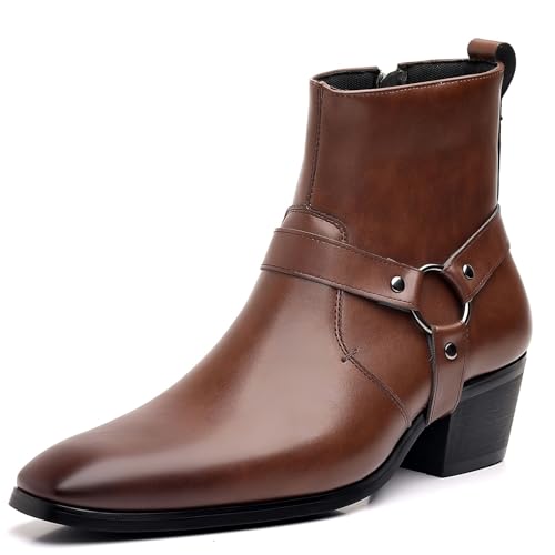 Men's Western Ankle Boots, Pointed Toe Leather Chelsea Boots with Buckle Strap, Block Heel Dress Boots for Men, Fashion Cowboy Boots for Casual Business Daily Wear