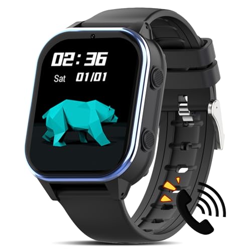 PTHTECHUS Montre Connectée Enfant GPS/4G WiFi/Bluetooth Chat et Arpels Video, Battery 900 MAH Smartwatch Enfant, SOS Podomètre Alarme Musique Caméra Mode école, À partir de 5 Ans, F-Noir