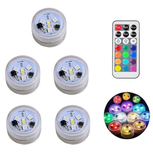 KEMANI Mini Submersible Led Lights 5pcs Small Underwater Tea Lights Candles Waterproof with Remote Battery Operated RGB Multicolor Changing for Wedding Home Party Festival Decoration