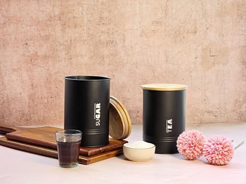 Image of JISCOVERY Airtight Tea & Sugar Container Set of 2| Metal Storage Canister with Wooden Lid for Kitchen| Storage Box for Kitchen Counter Top| 1300 ML| Black