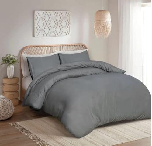 100% Egyptian Cotton Duvet Cover Set |200 Thread Count Plain Dyed Duvet Quilt Cover Set With Free Pillowcases| Non-Iron Easycare Bedding Set - Single Double King Super King Sizes (Grey Single)