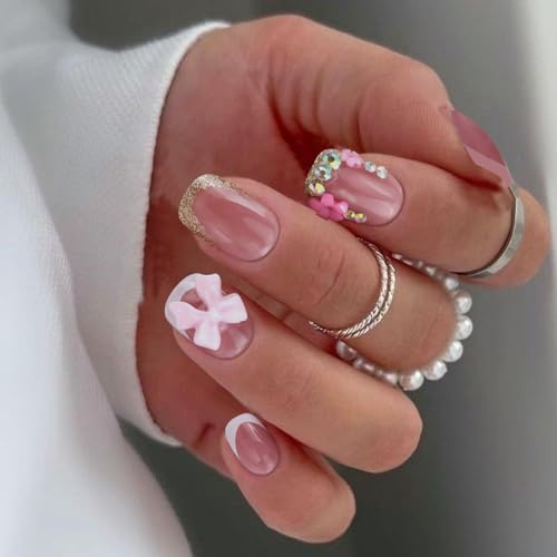 VOTACOS White Pink French Tip Press on Nails Short Square Acrylic Fake Nails Press Ons with Glue Cute 3D Bow Flowers Glue on Nail with Design 24PCS Gold Glitter Stick on False Nail for Women — view 2
