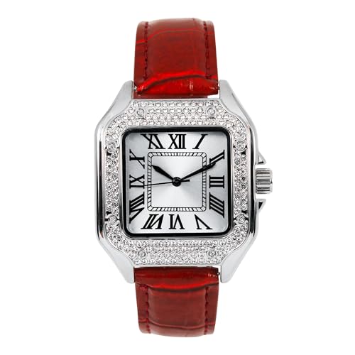 Montre homme bracelet cuir rouge réglable boîtier carré argenté 32mm
