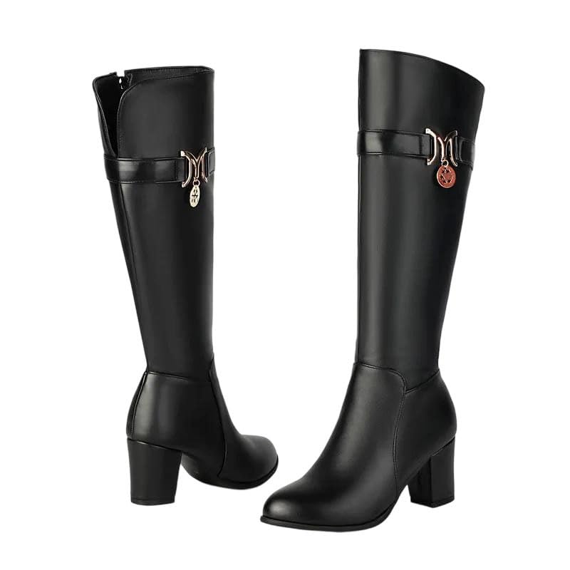 Womens Round Toe Knee High Knight Boots Side Zipper Closure Coarse High Heels Metal Decoration Boots