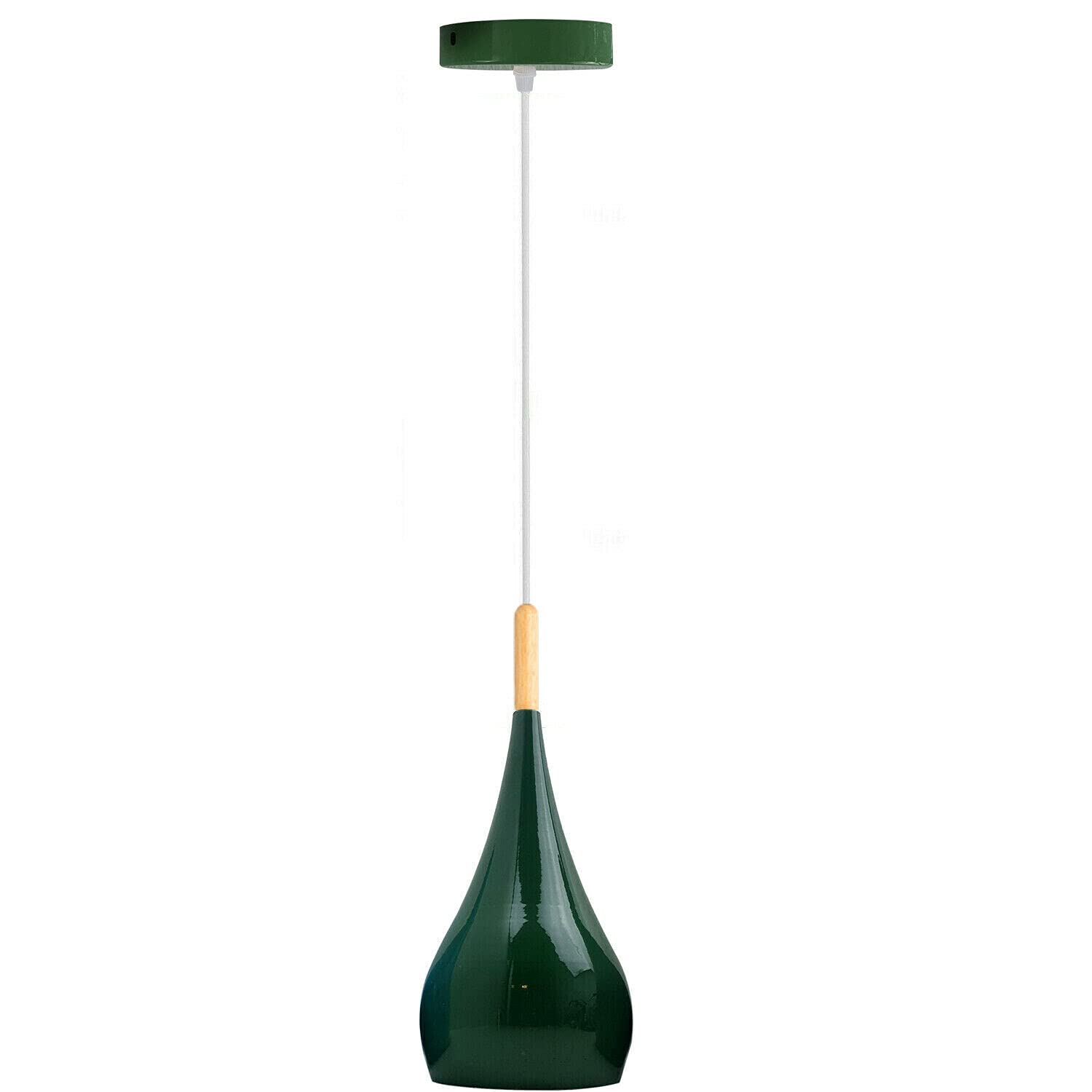 Ledsone Green Lampshade Teardrop Pendant Light Wood Detail E27 Ceiling Light Shade
