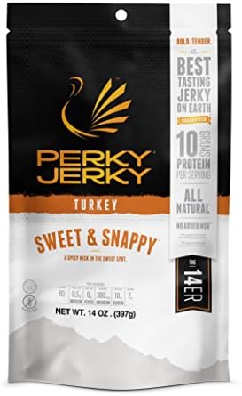 Perky Jerky Sweet and Snappy Turkey Jerky, 14oz - Low Sodium - 10g Protein per Serving - Low Fat - 100% U.S. Sourced - Tender Texture and Bold Flavor