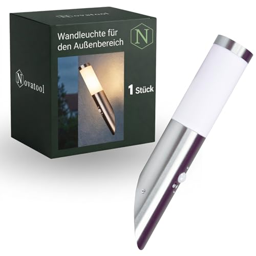 Novatool Wandleuchte I mit Bewegungsmelder I Edelstahl IP44 I E27 Sockel I Ø7x8H36 cm I Außenlampe Außenleuchte Garten Wandlampe Wandstrahler Außen Außenbeleuchtung Lampe Außenbereich