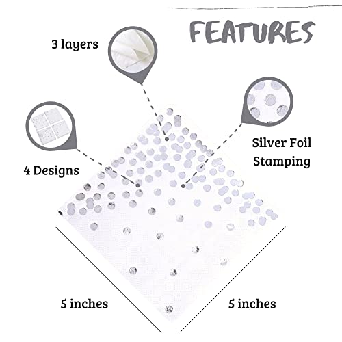 100 Pk Silver Napkins - 4 Assorted Designs - 3-Ply Cocktail Napkins Folded 5 X 5 Inches Bar Napkins Disposable Party Napkins Paper Napkins Beverage For Wedding Bridal Baby Shower Birthday #TOP1