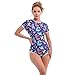 FYMNSI Women Sexy Short Sleeve One Piece Romper Button Crotch Bodysuit Playsuit O Neck Printed Pajama Jumpsuit Pjs Lingerie, Royal Blue - Dino, L