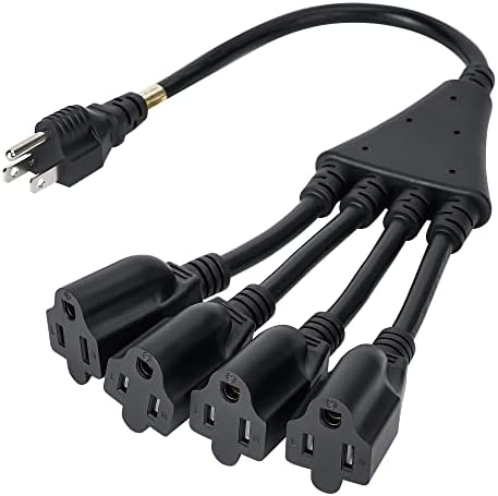 4 Way Power Cord Splitter Cable-3 Prong 1 to 4 Extension Cord-Outlet Saver-Elecan Male to Female Y Splitter Power Extension Cable Strip–UL Certified SJTW 16 Gauge 13 A/125 V–1.5 Feet Black