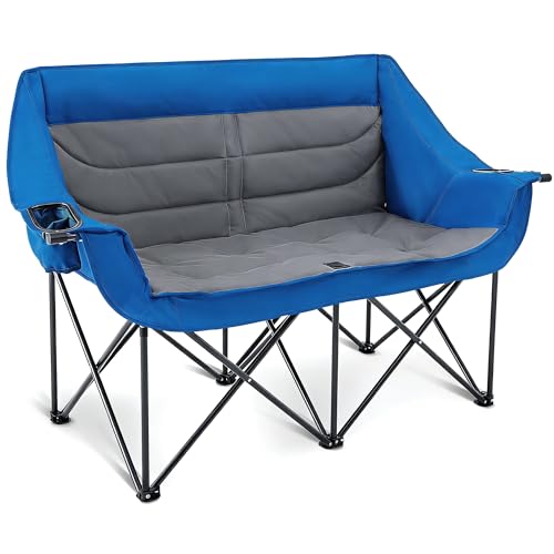 Asrug Silla de Camping Doble Acolchada para 2 Personas Plegable con Porta Vasos y Bolsillos Laterales Azul y Gris Oscuro miniatura 1