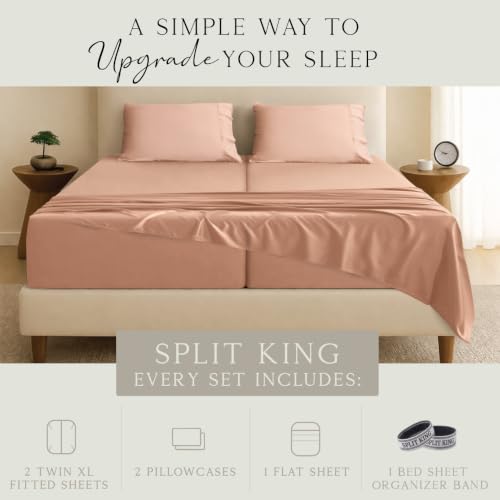 Image of KARISSA MAE Luxury Bamboo Viscose Split King Size Sheet Set, FSC Certified | Includes 2 Twin XL Fitted Sheets | Sleep Number & Adjustable Bed | Cooling | 18 inch Deep Pocket w / Corner Straps [Terracotta]