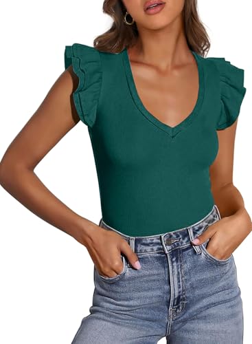 Sidefeel Womens V Neck Summer Tops Ruffle Sleeveless Slim Fit T Shirts Casual Blouses Green Medium