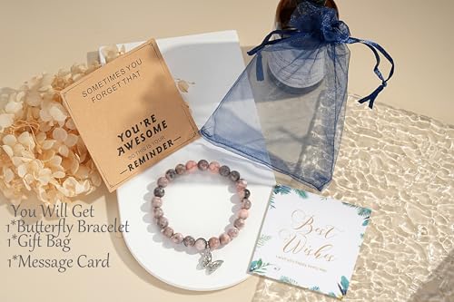 Image of Morniface Butterfly Gifts for Women - Natural Stone Bracelet for Mom, Daughter, Friends, Sister, Wife, Grandma, Aunt (Pink)