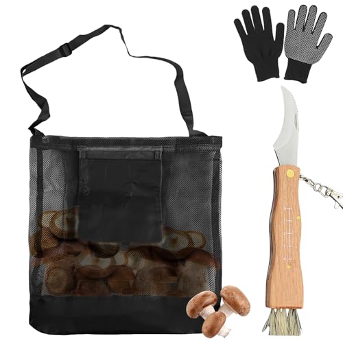 GOMETY Black Mushroom Foraging Belt Bag with Mushroom Knife, Large Stainless Steel Mushroom Knife, Nylon Work Gloves Black with Knife Holder & Shoulder Strap for Forest & Garden